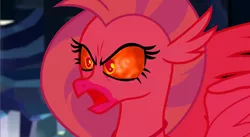 Size: 1114x612 | Tagged: safe, derpibooru import, edit, edited screencap, screencap, silverstream, oc, oc:magmus, hippogriff, what lies beneath, angry, fire, flame eyes, glowing eyes, possessed, solo, wingding eyes