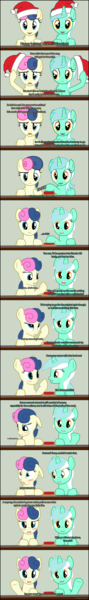 Size: 1023x6871 | Tagged: safe, artist:tritebristle, derpibooru import, bon bon, lyra heartstrings, sweetie drops, pony, 3d, blushing, button, christmas, comic, floppy ears, fourth wall, hat, holiday, implied lesbian, implied lyrabon, implied shipping, santa hat