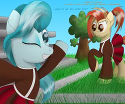 Size: 6000x5000 | Tagged: safe, artist:thevintagepone, derpibooru import, lighthoof, shimmy shake, earth pony, pony, bleachers, cheerleader outfit, clothes, dialogue, duo, excited, field, one hoof raised, selfie, tree