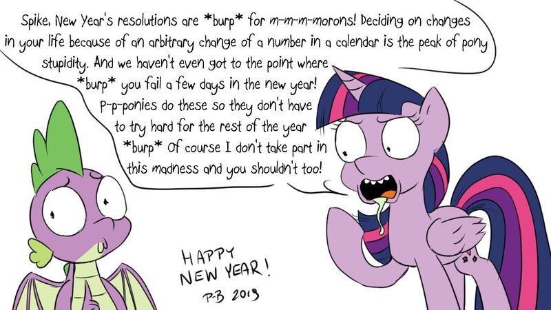 Size: 1200x675 | Tagged: safe, artist:pony-berserker, derpibooru import, spike, twilight sparkle, twilight sparkle (alicorn), alicorn, dragon, pony, happy new year, happy new year 2020, holiday, new year's resolution, pony-berserker's twitter sketches, rick and morty, rick sanchez, style emulation, twirick, winged spike