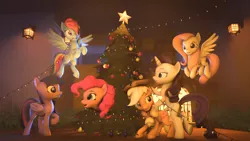 Size: 1920x1080 | Tagged: safe, artist:rainbowdashsnipers, derpibooru import, applejack, fluttershy, pinkie pie, rainbow dash, rarity, twilight sparkle, twilight sparkle (alicorn), alicorn, pony, christmas, christmas lights, christmas tree, happy new year 2020, holiday, mane six, tree