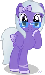 Size: 1800x3004 | Tagged: safe, artist:arifproject, derpibooru import, oc, oc:comment, ponified, unofficial characters only, pegasus, pony, 2020 community collab, derpibooru, derpibooru community collaboration, 2020, cute, derpibooru ponified, female, glasses, meta, raised hoof, ribbon, simple background, smiling, solo, transparent background, vector
