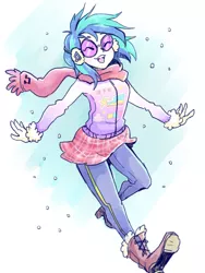 Size: 600x800 | Tagged: safe, artist:hobilo, derpibooru import, vinyl scratch, equestria girls, boots, clothes, coat, cute, earmuffs, eyes closed, female, miniskirt, open mouth, plaid skirt, scarf, shoes, skirt, snow, snowfall, solo, vinylbetes, winter