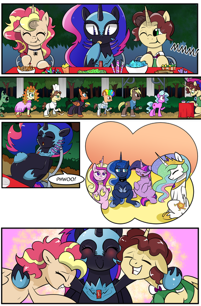 Size: 1800x2740 | Tagged: safe, artist:candyclumsy, author:bigonionbean, derpibooru import, princess cadance, princess celestia, princess luna, twilight sparkle, twilight sparkle (alicorn), oc, oc:king calm merriment, oc:queen motherly morning, oc:queen nightmare pulsar, alicorn, crystal pony, pony, comic:nightmare pulsar, alicorn oc, belly, candy, canterlot, canterlot castle, comic, commissioner:bigonionbean, crystal empire, dialogue, eating, embarrassed, fat, female, food, fusion, fusion:king calm merriment, fusion:king speedy hooves, fusion:queen motherly morning, fusion:queen nightmare pulsar, group hug, halloween, holiday, horn, hug, husband and wife, jewelry, line-up, male, nightmare night, pastries, princess decadence, princess moonpig, pudgy, random pony, regalia, stuffed, stuffed belly, sweets, taste test, twilard sparkle, wings