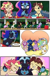 Size: 1800x2740 | Tagged: safe, artist:candyclumsy, author:bigonionbean, derpibooru import, princess cadance, princess celestia, princess luna, twilight sparkle, twilight sparkle (alicorn), oc, oc:king calm merriment, oc:queen motherly morning, oc:queen nightmare pulsar, alicorn, crystal pony, pony, comic:nightmare pulsar, alicorn oc, belly, candy, canterlot, canterlot castle, comic, commissioner:bigonionbean, crystal empire, dialogue, eating, embarrassed, fat, female, food, fusion, fusion:king calm merriment, fusion:king speedy hooves, fusion:queen motherly morning, fusion:queen nightmare pulsar, group hug, halloween, holiday, horn, hug, husband and wife, jewelry, line-up, male, nightmare night, pastries, princess decadence, princess moonpig, pudgy, random pony, regalia, stuffed, stuffed belly, sweets, taste test, twilard sparkle, wings