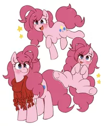 Size: 1257x1474 | Tagged: safe, artist:umeguru, derpibooru import, pinkie pie, earth pony, pony, :p, alternate hairstyle, blushing, clothes, cute, diapinkes, eye clipping through hair, female, hooves to the chest, mare, multeity, open mouth, pixiv, scarf, simple background, solo, stars, tongue out, white background