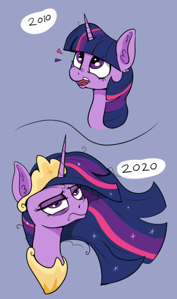 Size: 2812x4748 | Tagged: safe, artist:paskanaakka, derpibooru import, princess twilight 2.0, twilight sparkle, twilight sparkle (alicorn), alicorn, pony, unicorn, the last problem, 2010, 2020, bust, ear fluff, female, mare, messy mane, older, older twilight, portrait, simple background, then and now, unicorn twilight