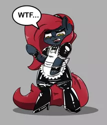 Size: 1615x1874 | Tagged: safe, artist:n-o-n, derpibooru import, oc, oc:jessi-ka, earth pony, pony, bipedal, blushing, boots, clothes, confused, cross-popping veins, dress, female, high heels, latex, lipstick, maid, rubber, shoes, solo, sweat, sweatdrops