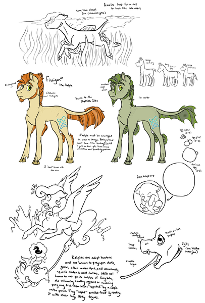 Size: 2550x3773 | Tagged: safe, artist:phobicalbino, derpibooru import, oc, oc:finnigan, unofficial characters only, kelpie, original species, pegasus, pony, dewclaw, egg, facial hair, female, fins, goatee, leprechaun, long tongue, male, mare, sideburns, simple background, stallion, swimming, tongue out, water, white background