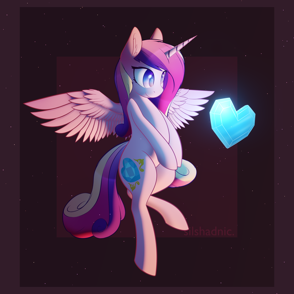 Size: 3000x3000 | Tagged: safe, artist:silshadnic, deleted from derpibooru, derpibooru import, princess cadance, alicorn, pony, abstract background, crystal heart, cute, cutedance, ear fluff, female, high res, looking at something, mare, solo, spread wings, wings