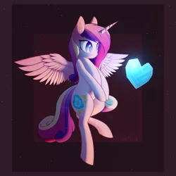 Size: 3000x3000 | Tagged: safe, artist:silshadnic, deleted from derpibooru, derpibooru import, princess cadance, alicorn, pony, abstract background, crystal heart, cute, cutedance, ear fluff, female, high res, looking at something, mare, solo, spread wings, wings