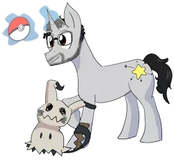 Size: 2752x2544 | Tagged: safe, artist:mitchthemage, derpibooru import, edit, editor:ciaran, oc, oc:critter catcher, mimikyu, pony, unicorn, 2020 community collab, derpibooru community collaboration, male, pokéball, pokémon, shiny pokémon, simple background, solo, transparent background