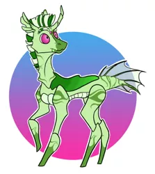 Size: 646x724 | Tagged: artist:phobicalbino, changeling hybrid, curved horn, derpibooru import, green changeling, horn, hybrid, multiple eyes, oc, oc:toothpaste, raised hoof, safe, simple background, solo, unofficial characters only, white background, zebra hybrid