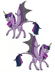 Size: 534x695 | Tagged: safe, artist:phobicalbino, derpibooru import, twilight sparkle, twilight sparkle (alicorn), alicorn, bat pony, bat pony alicorn, pony, bat wings, colored horn, curved horn, female, horn, hybrid wings, leonine tail, mare, multiple eyes, raised hoof, scar, solo, wing claws, wings