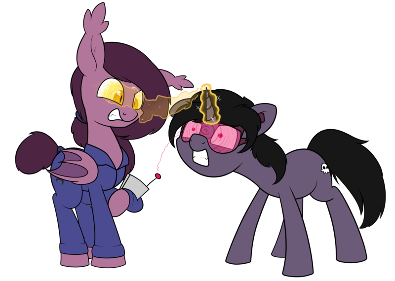 Size: 2571x1833 | Tagged: safe, artist:moonatik, derpibooru import, oc, oc:pocarona, oc:skullpon, unofficial characters only, bat pony, pony, unicorn, 2020 community collab, derpibooru community collaboration, clothes, fangs, gritted teeth, hypnogear, hypnogoggles, hypnosis, male, ponytail, remote, simple background, stallion, transparent background