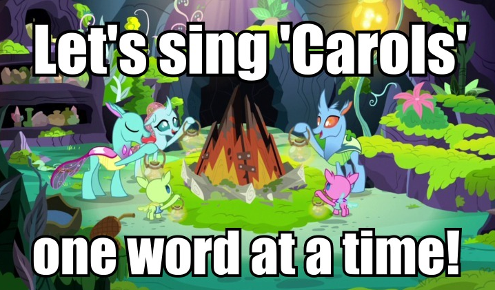 Size: 718x420 | Tagged: safe, derpibooru import, edit, edited screencap, screencap, axilla, carapace (character), lumbar, ocellus, spiracle, changedling, changeling, nymph, the hearth's warming club, caption, caroling, changeling hive, firefly lamp, hearth's warming, hoof hold, image macro, lantern, literal, meme, meta, present, singing, text