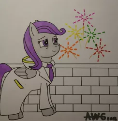Size: 3432x3512 | Tagged: artist:awgear, clothes, derpibooru import, fallout equestria, fallout equestria: project horizons, fanfic art, fireworks, lab coat, necktie, new year, oc, oc:morning glory (project horizons), pegasus, purple mane, purple tail, safe, tired, traditional art