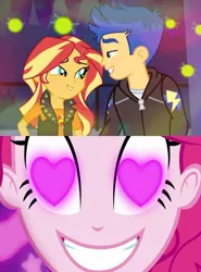 Size: 800x1084 | Tagged: safe, derpibooru import, edit, edited screencap, screencap, flash sentry, pinkie pie, sunset shimmer, coinky-dink world, eqg summertime shorts, equestria girls, equestria girls series, star crossed, female, flashimmer, heart eyes, male, meme, pinkie's eyes, shipping, straight, wingding eyes