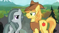 Size: 2064x1162 | Tagged: safe, derpibooru import, braeburn, marble pie, pony, appleloosa, braeble, brokeback mountain, canyon, cliff, crack shipping, fanfic idea, female, ghastly gorge, gustavo santaolalla, looking at each other, love, lyrics in the description, male, mountain, mountain range, movie reference, outdoors, river, rock farm, romance, scenery, shipping, shipping fuel, smiling, straight, this will end in love, together, youtube link, youtube link in the description