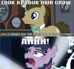 Size: 640x598 | Tagged: safe, derpibooru import, edit, edited screencap, editor:undeadponysoldier, screencap, doctor whooves, mean twilight sparkle, time turner, twilight sparkle, twilight sparkle (alicorn), alicorn, earth pony, pony, a horse shoe-in, the mean 6, caption, don't hug me i'm scared, female, image macro, in character, male, mare, melting, meme, stallion, text, tony the talking clock, you know for kids, you ruined everything