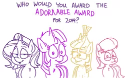 Size: 4421x2784 | Tagged: safe, artist:adorkabletwilightandfriends, derpibooru import, lily, lily valley, moondancer, starlight glimmer, twilight sparkle, twilight sparkle (alicorn), alicorn, earth pony, pony, unicorn, comic:adorkable twilight and friends, adorkable, adorkable awards, adorkable awards 2019, adorkable twilight, best of 2019, cute, dork, tongue out, vote