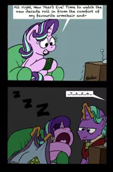 Size: 1024x1564 | Tagged: safe, artist:bobthedalek, derpibooru import, firelight, starlight glimmer, pony, unicorn, blanket, comic, cute, dialogue, duo, father and child, father and daughter, fathers gonna father, female, firebetes, glimmerbetes, male, new year, new years eve, offscreen character, onomatopoeia, sleeping, snoring, sound effects, speech bubble, volumetric mouth, zzz