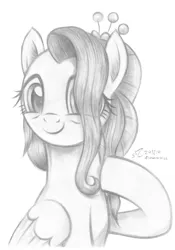 Size: 1920x2748 | Tagged: safe, artist:flutterstormreturns, derpibooru import, fluttershy, pegasus, pony, the last problem, bust, female, folded wings, grayscale, hair over one eye, hoof on chest, looking at you, mare, monochrome, older, older fluttershy, pencil drawing, portrait, raised hoof, simple background, smiling, solo, three quarter view, traditional art, white background, wings