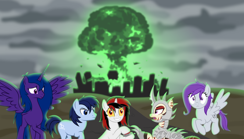 Size: 3500x2000 | Tagged: semi-grimdark, artist:kitana762, derpibooru import, oc, oc:blackjack, oc:lacunae, oc:morning glory (project horizons), oc:p-21, oc:rampage, alicorn, earth pony, pegasus, pony, unicorn, fallout equestria, fallout equestria: project horizons, fanfic, alicorn oc, artificial alicorn, balefire bomb, city, cloud, cloudy, crazy face, dashite, explosion, faic, fanfic art, female, flying, grin, hoofington, hooves, horn, male, mare, megaspell, megaspell explosion, mushroom cloud, nuclear explosion, open mouth, purple alicorn (fo:e), smiling, spread wings, stallion, wings