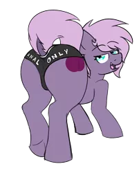 Size: 1166x1452 | Tagged: suggestive, artist:sliderspoint, derpibooru import, oc, oc:purple plum, unofficial characters only, pony, anal only, butt, clothes, dock, female, filly, implied foalcon, looking back, panties, plot, presenting, raised tail, simple background, solo, solo female, tail, transparent background, underwear