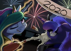 Size: 3926x2805 | Tagged: safe, artist:nookprint, derpibooru import, princess celestia, princess luna, pony, 2020, alcohol, bust, champagne, crown, duo, female, fireworks, floppy ears, happy new year, happy new year 2020, high res, holiday, image, jewelry, magic, mare, new year, night, one eye closed, png, portrait, regalia, royal sisters, sky, smiling, telekinesis, trollestia, wink