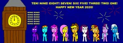 Size: 2836x1000 | Tagged: applejack, big ben, derpibooru import, fireworks, fluttershy, happy new year, happy new year 2020, holiday, mane nine, pinkie pie, rainbow dash, rarity, safe, starlight glimmer, sunset shimmer, trixie, twilight sparkle