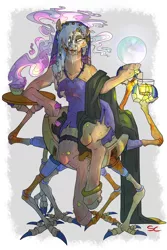 Size: 3000x4500 | Tagged: safe, artist:sourcherry, derpibooru import, oc, unnamed oc, earth pony, ghoul, pony, robot, undead, fallout equestria, alcohol, clothes, crystal ball, herbs, looking at you, seer, sitting, smoke, solo, wasteland ventures, whiskey