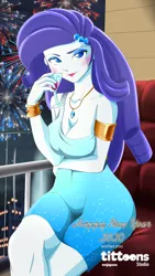 Size: 1080x1920 | Tagged: safe, artist:tittoons, derpibooru import, rarity, equestria girls, 2020, blushing, breasts, busty rarity, champagne, champagne glass, cleavage, fireworks, happy new year, happy new year 2020, holiday, jewelry, necklace, sitting