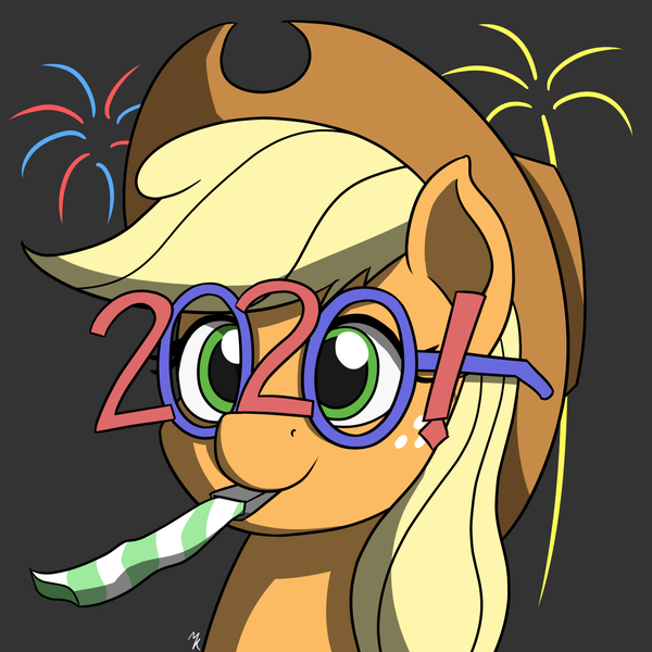 Size: 1350x1350 | Tagged: safe, artist:mkogwheel, derpibooru import, applejack, earth pony, pony, 2020, 2020 glasses, applebetes, applejack's hat, bust, cowboy hat, cute, fireworks, happy new year, happy new year 2020, hat, holiday, jackabetes, portrait, simple background, solo