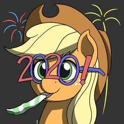 Size: 1350x1350 | Tagged: safe, artist:mkogwheel, derpibooru import, applejack, earth pony, pony, 2020, 2020 glasses, applebetes, applejack's hat, bust, cowboy hat, cute, fireworks, happy new year, happy new year 2020, hat, holiday, jackabetes, portrait, simple background, solo