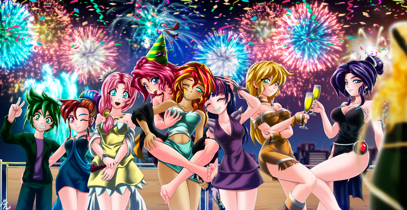 Size: 4154x2137 | Tagged: safe, artist:mauroz, derpibooru import, applejack, fluttershy, pinkie pie, rainbow dash, rarity, spike, sunset shimmer, twilight sparkle, human, 2020, anime, armpits, barefoot, belly button, blushing, breast grab, breasts, busty applejack, busty rarity, champagne, champagne bottle, champagne glass, cleavage, feet, female, fireworks, grope, happy new year, happy new year 2020, hat, holiday, humanized, jewelry, lesbian, mane seven, mane six, one eye closed, party hat, party horn, ruby, shipping, sunsetpie, tongue out, wink