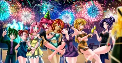 Size: 4154x2137 | Tagged: safe, artist:mauroz, derpibooru import, applejack, fluttershy, pinkie pie, rainbow dash, rarity, spike, sunset shimmer, twilight sparkle, human, 2020, anime, armpits, barefoot, belly button, blushing, breast grab, breasts, busty applejack, busty rarity, champagne, champagne bottle, champagne glass, cleavage, feet, female, fireworks, grope, happy new year, happy new year 2020, hat, holiday, humanized, jewelry, lesbian, mane seven, mane six, one eye closed, party hat, party horn, ruby, shipping, sunsetpie, tongue out, wink