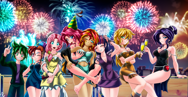 Size: 4154x2137 | Tagged: safe, alternate version, artist:mauroz, derpibooru import, applejack, fluttershy, pinkie pie, rainbow dash, rarity, spike, sunset shimmer, twilight sparkle, human, anime, armpits, belly button, blushing, breast grab, breasts, busty applejack, busty rarity, champagne, champagne glass, cleavage, female, fireworks, grope, hat, humanized, jewelry, lesbian, mane seven, mane six, new year, one eye closed, party hat, party horn, ruby, shipping, sunsetpie, tongue out, wink