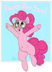 Size: 1900x2600 | Tagged: safe, artist:notenoughapples, derpibooru import, pinkie pie, earth pony, pony, 2020, armpits, belly button, cute, diapinkes, glasses, happy new year, happy new year 2020, holiday, new year, simple background, solo