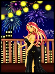 Size: 1500x2000 | Tagged: safe, artist:albertbm, derpibooru import, sunset shimmer, equestria girls, bracelet, breasts, busty sunset shimmer, champagne, champagne glass, city, cleavage, clothes, dress, ear piercing, earring, elegant, fireworks, jewelry, light, piercing, sexy, side slit, skyline, sleeveless, strapless, stupid sexy sunset shimmer