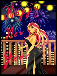 Size: 1500x2000 | Tagged: safe, alternate version, artist:albertbm, derpibooru import, sunset shimmer, equestria girls, 2020, breasts, busty sunset shimmer, champagne, champagne glass, city, cleavage, clothes, dress, elegant, fireworks, happy new year, happy new year 2020, holiday, light, sexy, side slit, skyline, sleeveless, strapless, stupid sexy sunset shimmer, text