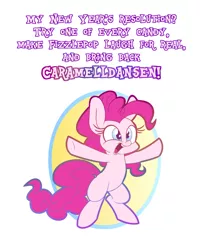Size: 1200x1500 | Tagged: safe, artist:heir-of-rick, derpibooru import, pinkie pie, earth pony, pony, abstract background, bipedal, caramelldansen, cute, dialogue, diapinkes, female, mare, new year, new year's resolution, open mouth, simple background, solo, white background