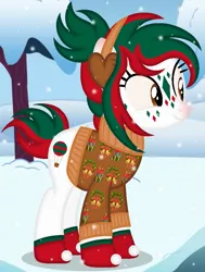 Size: 685x904 | Tagged: safe, artist:razorbladetheunicron, derpibooru import, oc, oc:thrill seeker, unofficial characters only, earth pony, pony, base used, clothes, earmuffs, face markings, facial markings, snow, snowfall, solo, sweater, tree