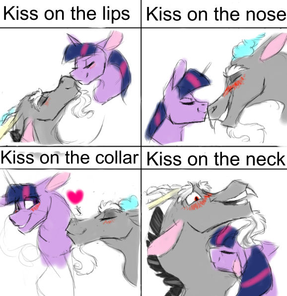 Size: 578x596 | Tagged: safe, artist:d3pressedr4inbow, derpibooru import, discord, twilight sparkle, draconequus, pony, blushing, bust, discolight, eyes closed, female, floppy ears, kiss meme, kissing, male, mare, nuzzling, shipping, simple background, smiling, straight, white background