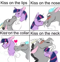 Size: 578x596 | Tagged: safe, artist:d3pressedr4inbow, derpibooru import, discord, twilight sparkle, draconequus, pony, blushing, bust, discolight, eyes closed, female, floppy ears, kiss meme, kissing, male, mare, nuzzling, shipping, simple background, smiling, straight, white background