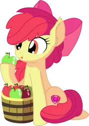 Size: 1024x1437 | Tagged: safe, artist:cyanlightning, derpibooru import, apple bloom, earth pony, pony, .svg available, absurd resolution, adorabloom, apple, apple bloom's bow, bow, bucket, cute, ear fluff, eating, female, filly, food, hair bow, hat, herbivore, simple background, sitting, solo, tongue out, transparent background, vector