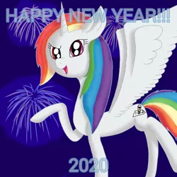 Size: 1000x1000 | Tagged: safe, artist:rainbow dash is best pony, derpibooru import, oc, oc:rainbowrio, unofficial characters only, alicorn, pony, 2020, alicorn oc, fireworks, happy new year, holiday, horn, rainbow alicorn, raised hoof, solo, spread wings, wings