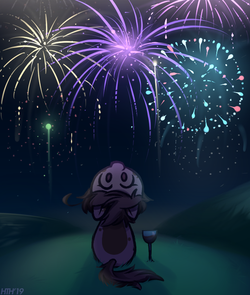 Size: 610x720 | Tagged: safe, artist:higgly-chan, derpibooru import, oc, unofficial characters only, pony, fireworks, glass, new year, night, signature, sitting, solo