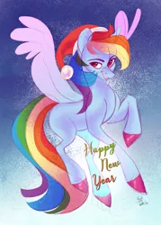 Size: 3000x4200 | Tagged: abstract background, artist:eeviart, christmas, derpibooru import, flying, happy new year, hat, holiday, rainbow dash, safe, santa hat, signature, solo, spread wings, wings