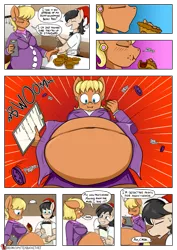 Size: 955x1350 | Tagged: suggestive, artist:teabucket, deleted from derpibooru, derpibooru import, ms. harshwhinny, oc, oc:chug-a-lug, anthro, earth pony, belly, belly expansion, big belly, breasts, button popping, christmas, comic, fat, fat fetish, female, fetish, growth, hat, hearthswarming, holiday, huge belly, male, mare, ms. lardwhinny, patreon, patreon logo, santa hat, stallion, stuffing, wardrobe malfunction, weight gain